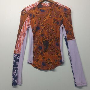 Free People Meadow Mix Floral Ribbed Long Sleeve Shirt Mock Neck Patchwork Top S